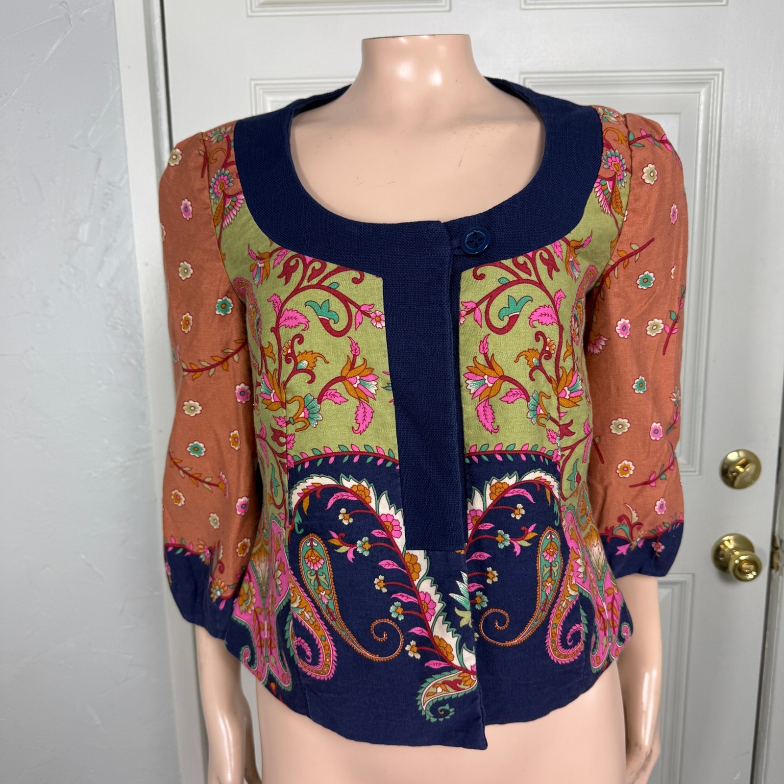 Elevenses Anthropologie Women Jacket 2 Cotton Floral Button 3/4 Sleeve Rare Y4-4